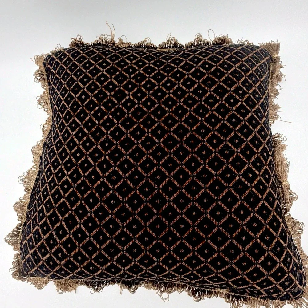 VTG Black Gold Tapestry Velvet Throw Pillow Damask Floral Tassel Trim